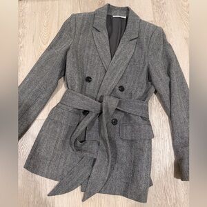 New Reformation Herringbone Wool New Castle Tie Waist Blazer Grey Black Small